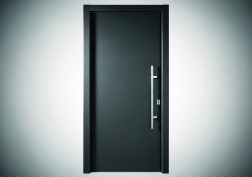 This sophisticated dark grey fiberglass front door showcases a minimalist design with a vertical silver handle and clean modern aesthetics, modern, front door, silver