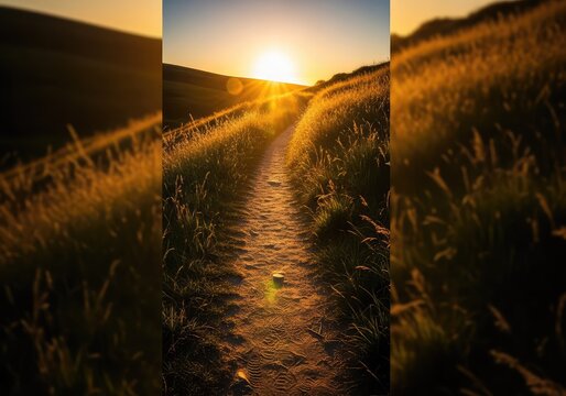 This sunlit dusty path winds through a wild landscape with soft bokeh lights and a bright atmospheric glow, evoking a sense of adventure, earthy, trail, morning