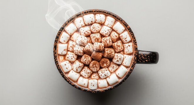 Top view of mini marshmallows floating on a rich steaming cup of chocolate milk with cocoa powder sprinkles on a neutral background surface, brown, warm, wood