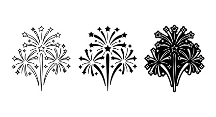 Festive Fireworks Icons, Celebration Starburst Vector Set, Exploding Pyrotechnics Graphics © bd