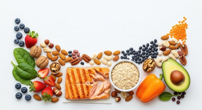 Vibrant assortment of heart healthy foods including salmon, oats, nuts, legumes, and fresh produce organized on a bright white background, ingredients, grains, clean