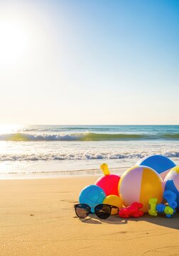 Vibrant beach balls and colorful inflatable toys sit on golden sand next to stylish sunglasses under a bright sun by the blue ocean waves, green, coastline, scenic