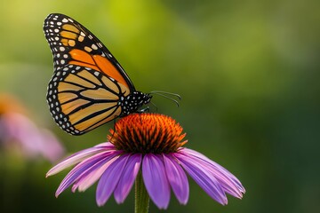 Fototapeta premium Side profile of a monarch butterfly perched on a vibrant purple coneflower, macro nature and wildlife photography