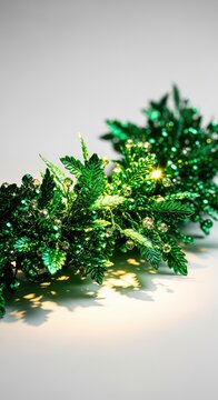 Vibrant green metallic garland sparkles under soft light, adding a classic decorative touch to festive interior spaces during winter holidays, glitter, party, ornamental