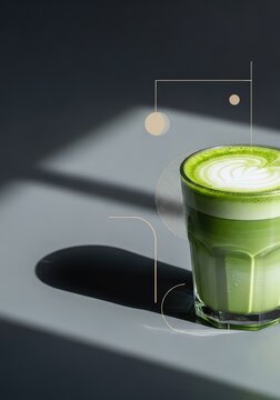 Vibrant green matcha latte served in a minimalist glass on a sleek surface, featuring artistic shadows and modern graphic design elements, still life, modern, foam