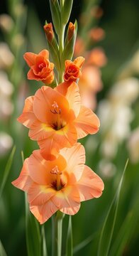 Vibrant light orange gladiolus flower blooms elegantly in a sunlit summer garden, featuring delicate ruffled petals and tall green stems, petal, orange, elegance