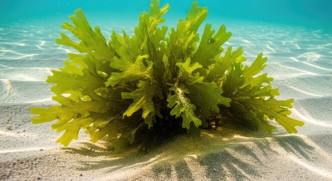 Vibrant green seaweed dances gently in the clear, sunlit shallow ocean water, revealing intricate textures and ripples on the sandy floor, ripples, background, environment