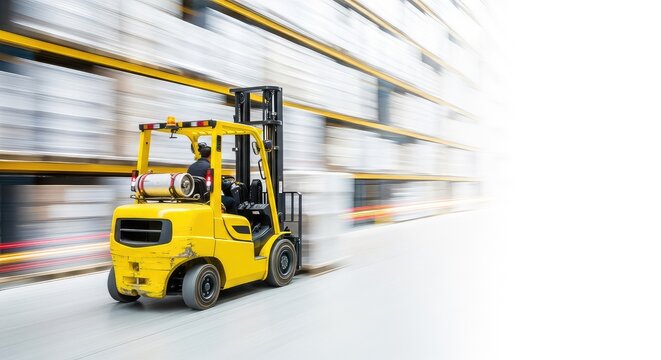 Vibrant long exposure photograph captures a yellow forklift moving through a vast storage facility, showcasing speed, power, and efficiency, transport, shipping, distribution