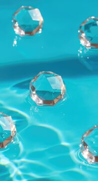 Vibrant turquoise water surrounds translucent geometric crystal prisms that float gently while warm sunlight glistens through the facets, abstract, serene, translucent