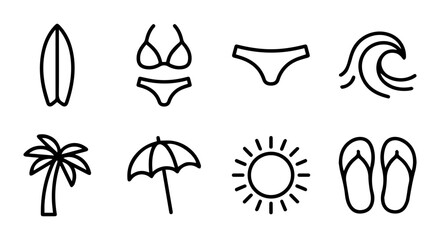 Naklejka premium Summer Beach Icons Set, Vector Graphics for Vacation and Travel, Simple Line Art Collection