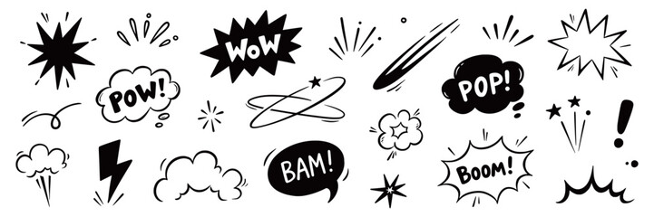 Comic cartoon line splash set. Hand drawn comic line splash effect with cartoon pop icon boom wow. Explosive speech bubble burst action motion explosion emphasis elements. Vector illustration © Polina Tomtosova