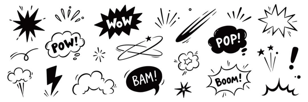 Comic cartoon line splash set. Hand drawn comic line splash effect with cartoon pop icon boom wow. Explosive speech bubble burst action motion explosion emphasis elements. Vector illustration