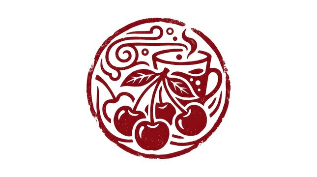 Red circular cherry and coffee cup graphic emblem