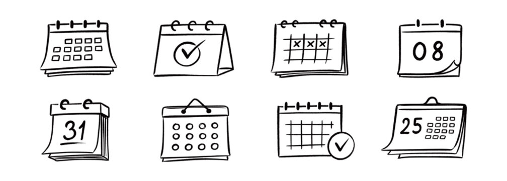 Sketch calendar doodle icon set. Hand drawn sketch calendar doodle with business time date paper drawing. Event day month year agenda reminder office management graphic. Vector illustration