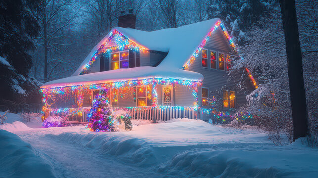 Residence illuminated by festive multi-colored holiday lights stands prominently in a snowy yard as a large decorated christmas tree shines brightly in the foreground during a clear winter night.