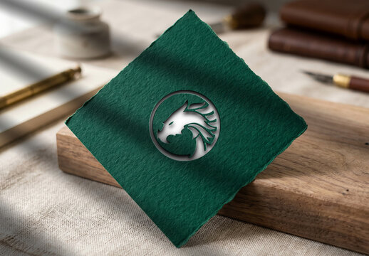 Dark Green Handmade Paper Logo Mockup with Wooden