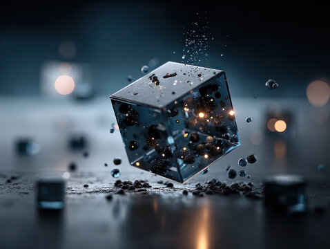 Highly detailed close-up of a transparent glass cube with metallic and liquid elements suspended inside and around it with dramatic lighting on dark background