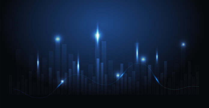 A futuristic financial market candlestick chart shows an upward trend with glowing blue light on a dark background