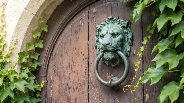 Antique verdigris lion head door knocker on old weathered wooden door with green ivy