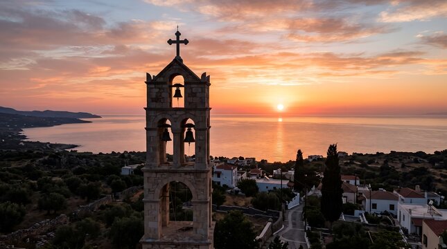 Bell tower of a stone church overlooking the sea at sunset in Greece