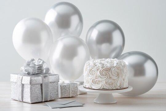 White birthday cake with glitter gifts and balloons for celebration