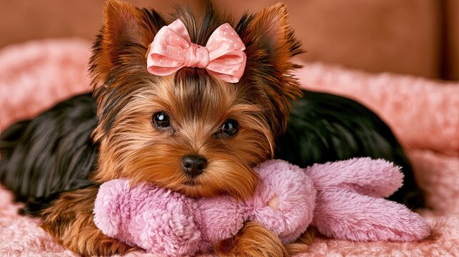 Yorkshire terrier with pink bow resting beside fluffy pink toy on white background, cute small pet dog portrait, pet grooming supplies promotional PPT design material