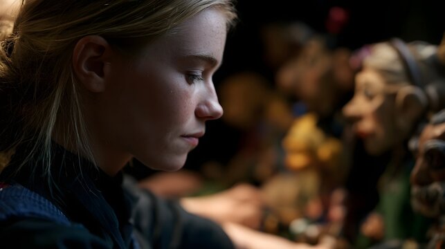 A young woman focused on puppetry work  surrounded by detailed handmade puppets in a dimly lit setting