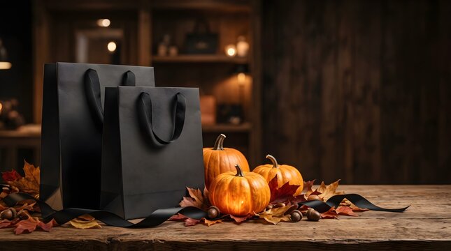 Old camera with broken pumpkins on dark wooden floor