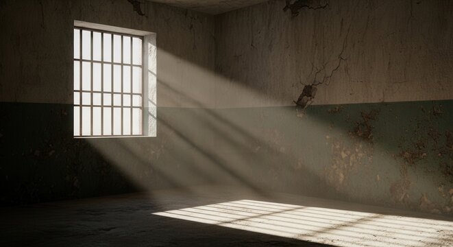 Sunlight streaming through prison cell window with iron bars.