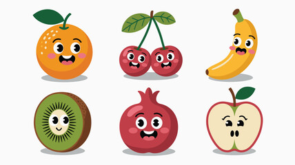 Fototapeta premium Variety of happy cartoon fruits including an orange, cherries, and a banana display friendly faces with big eyes and smiles.