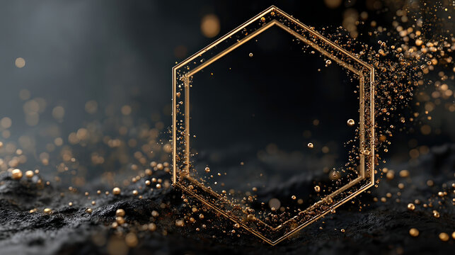 Elegant geometric golden hexagon frame surrounded by sparkling particles on dark background for design