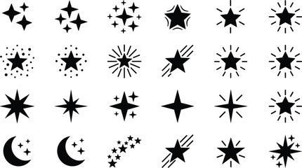 Fototapeta premium Sparkling black stars and crescent moon collection containing various celestial shapes symbols bursts glimmers and night sky elements