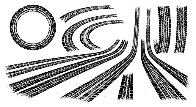 Tire tread marks after skidding, launch, drift, powerslide in motorsport, rally, off-road, motocross. Wheel texture with splash effect. Vector, transparent PNG version.