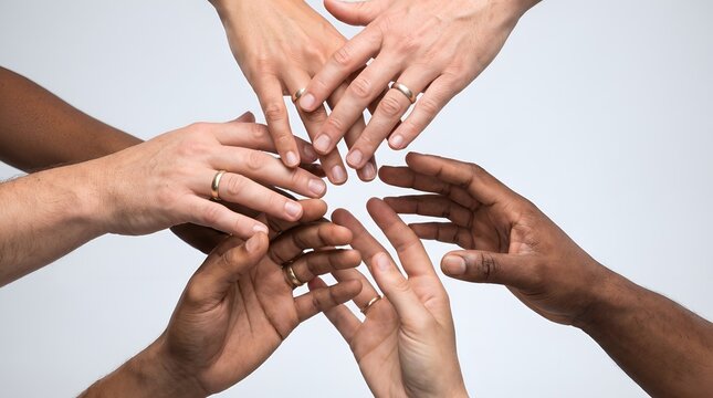 Diverse group of people joining hands together showing unity and inclusion