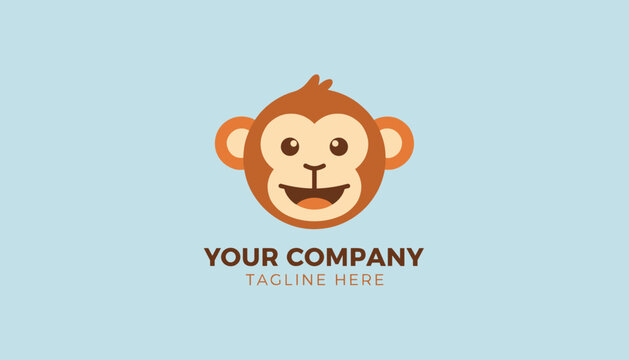 Cute brown monkey head logo for a business or brand features a friendly smiling face on a pale blue background.