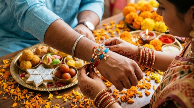 Sister Tying Rakhi on Brother Wrist for Raksha Bandhan Traditional Festival Celebration with Sweets and Flowers