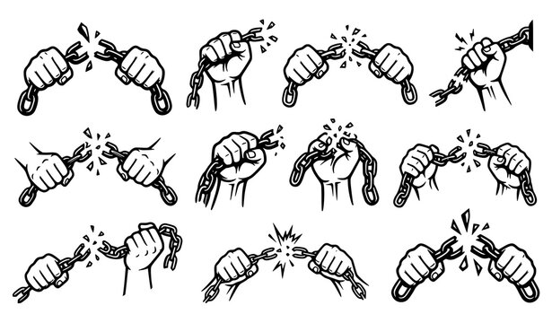 Collection of eleven fists snapping chain links apart strength and freedom concept hand drawn vector illustration icon set