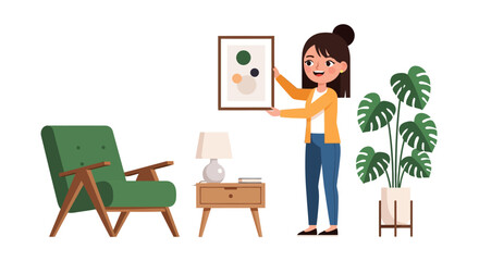 Fototapeta premium A smiling woman decorates her living room, holding a framed abstract art piece near a green armchair, wooden table, lamp, and large potted plant.