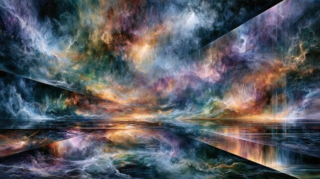 Abstract surreal cosmic landscape with vibrant nebulae and reflection. Ideal for science fiction background or digital.