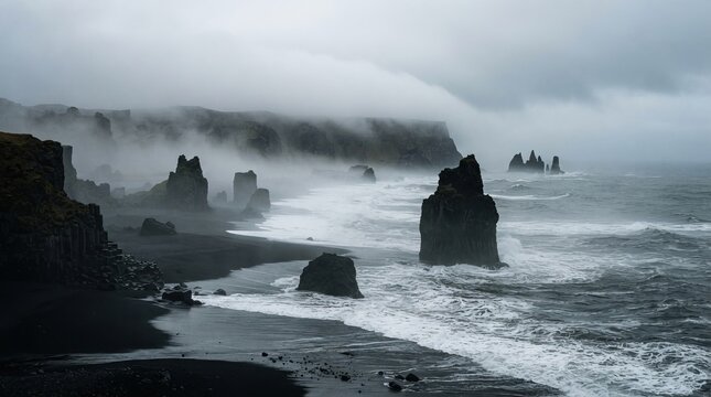 Moody dramatic landscape of black sand beach with sea stacks and rolling fog over ocean waves during a stormy day