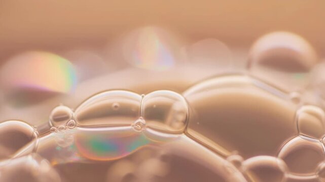 Close up of soap bubbles with rainbow reflections on a soft beige background