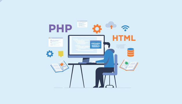 Software developer works at a computer desk surrounded by icons for PHP and HTML coding languages and technical books.