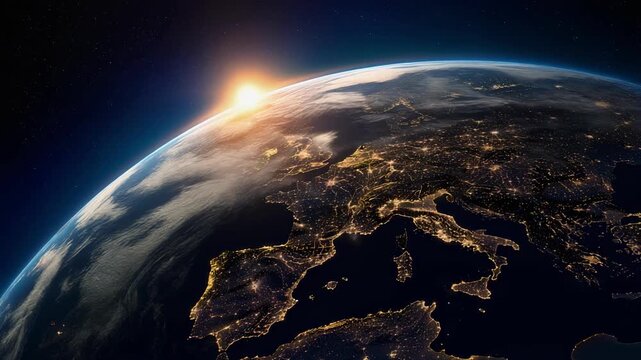 Sunrise over Europe from space showing illuminated cities and detailed landmasses at night
