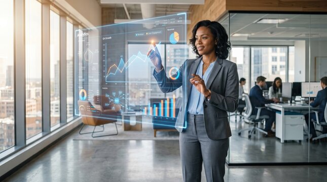 Professional businesswoman interacting with futuristic holographic interface, analyzing data charts and graphs in modern office environment