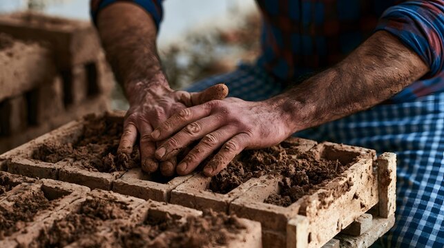 A person s hands mold wet clay into rectangular bricks using a wooden mold on an outdoor construction site