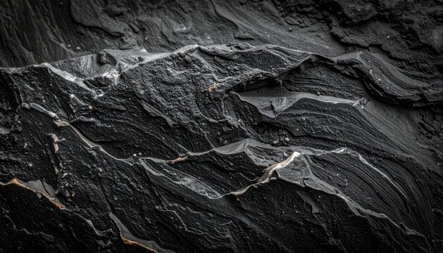 A detailed close-up of layered black slate rock showcasing rugged natural formations and dramatic shadows. Ideal for architectural presentations, luxury backgrounds, geological concepts.