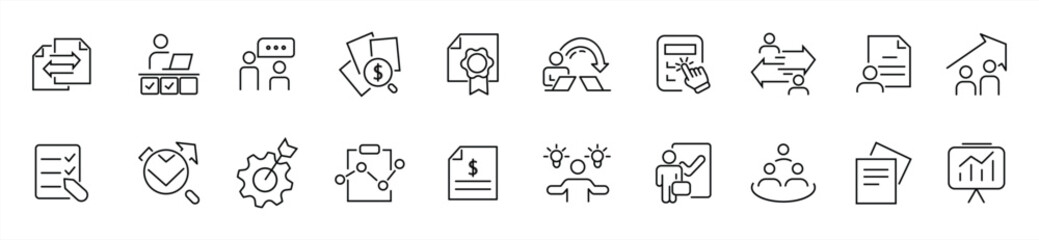 Fototapeta premium Linear business process icon set. Collection of thin-line business process icons. Set of simple outline icons for business processes. Vector illustration.