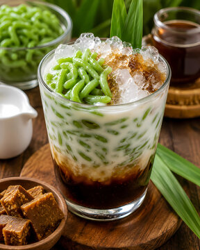 Traditional Indonesian Cendol Dawet with Coconut Milk and Palm Sugar
