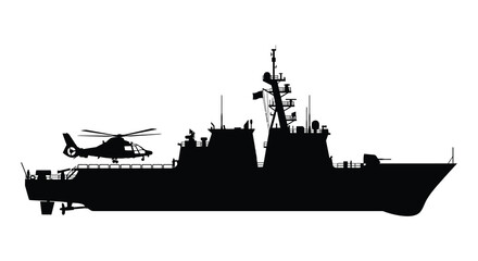 Naval Destroyer And Helicopter Silhouette Against White Background © MDSAJIB