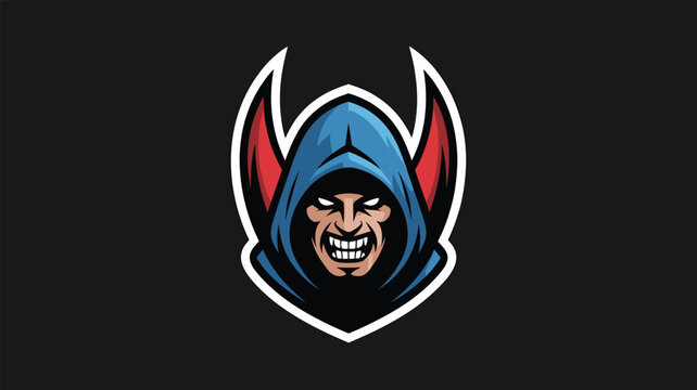 Menacing hooded mascot character with glowing white eyes and a wide grin against a dark background for gaming or sports team identities.
